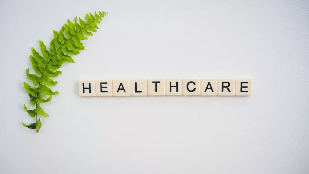 Health Care written by cubic puzzle and a green leaf on left side.