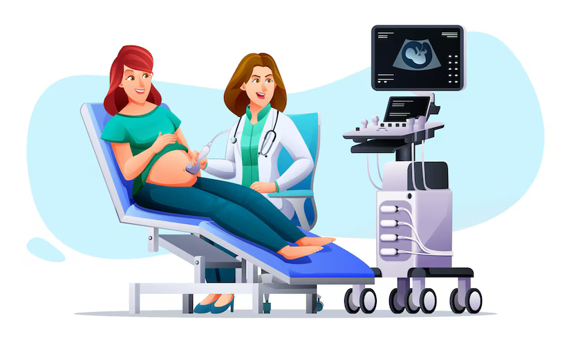 Illustraion of an Ultrasound Technician Performing Ultrasound to a Pregnant Lady